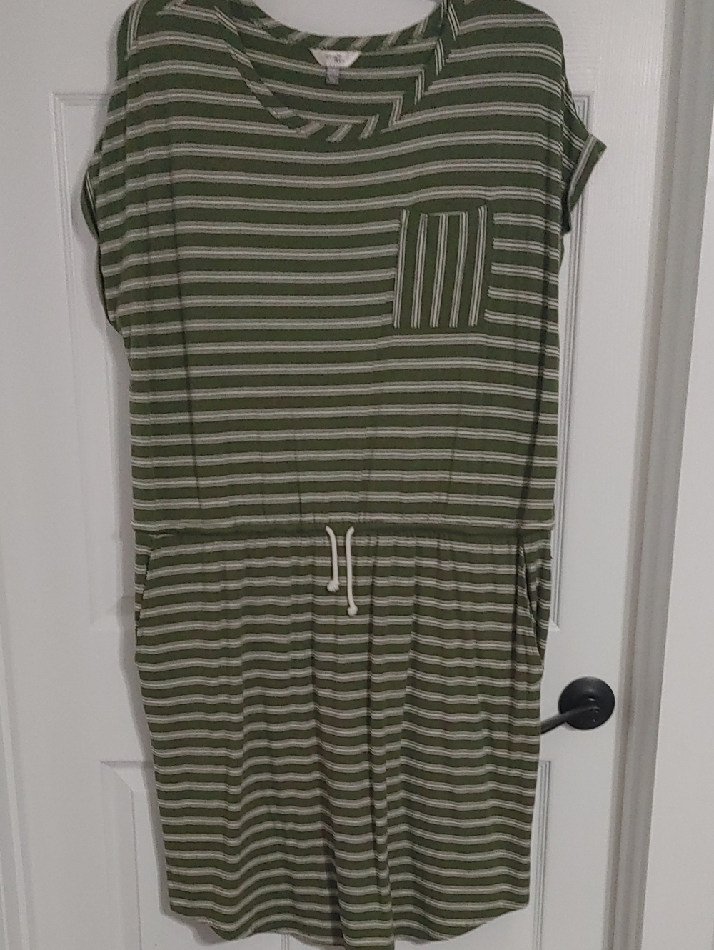 Terra & Sky Olive and White Striped Drawstring Waist Dress Plus Size Casual
